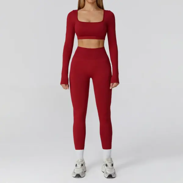 Women 2 Piece Workout Sets Compression Tummy Control Leggings with Pockets Long Sleeve Square Neck Padded Crop Tops