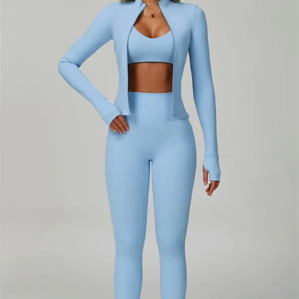 Women’s 3 Piece Workout Set – Sports Bra, Leggings & Jacket with Thumbholes – Yoga Outfit Activewear for Gym Running Training